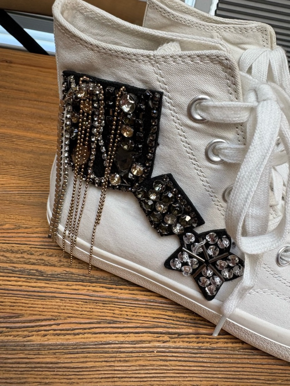 Lauren Lorraine White High-Top Sneakers with Black Beaded Patches and Chains - Picture 9 of 16